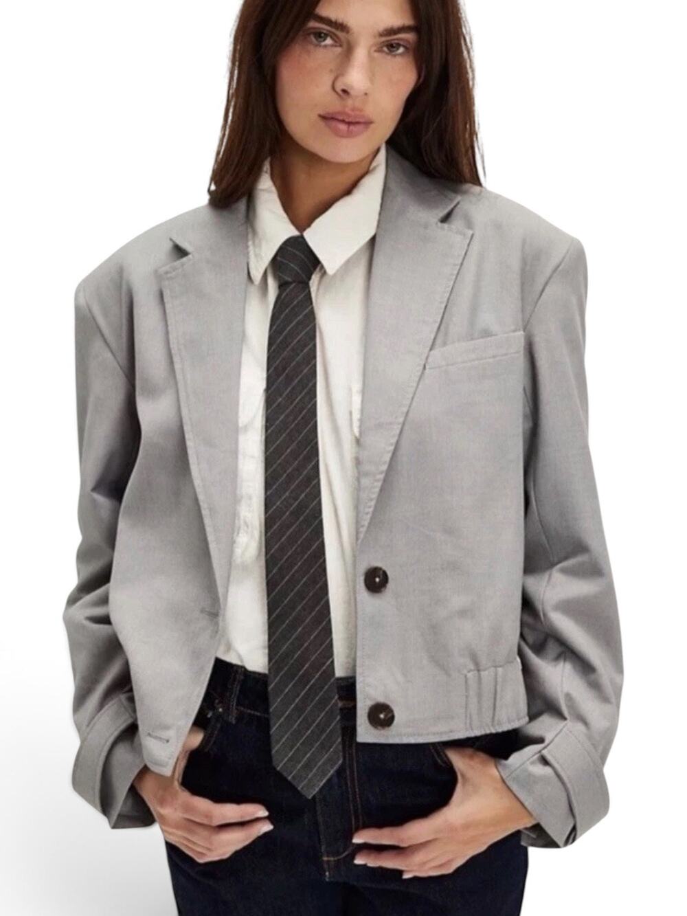 Free People Agnes Blazer Jacket Women's Med Heather Grey Bomber Minimalist NEW